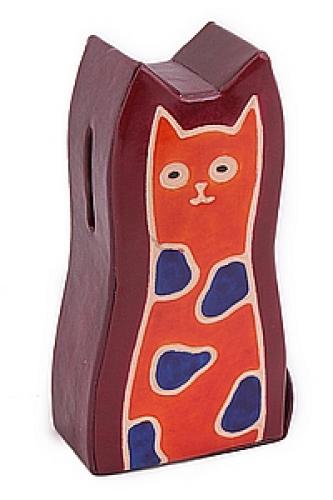 Копилка под мелочь натуральная кожа ручной принт  "Кошка" №172